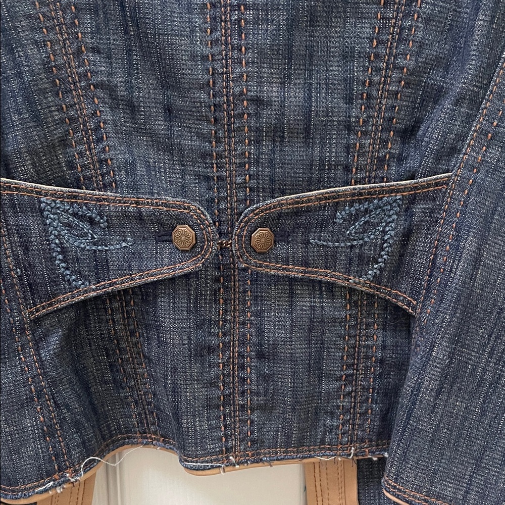 Elie Tahari Embroidered Denim Jacket with Tan Leather Accents - Picture 6 of 7